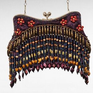 Purple Kiss Lock Beaded Fringe Clutch Bag with Chain
